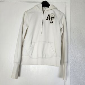 White Ivory American Eagle 1/2 half zip up Hoodie Small Y2K Patch Sweatshirt